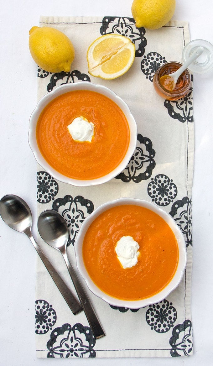 Moroccan Carrot Soup with Lemon Honey Yogurt | Panning The Globe Recipe for Moroccan Carrot Soup with Lemon Honey Yogurt | Panning The Globe