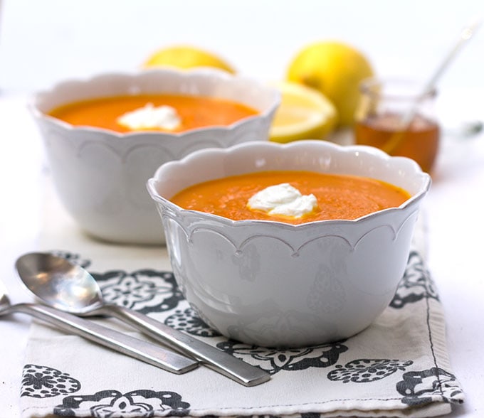 Moroccan Carrot Soup with Lemon Honey Yogurt | Panning The Globe