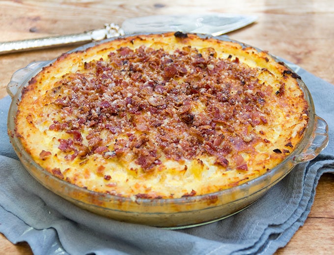 Cauliflower Gruyere Pie with Bacon-parmigian crumb topping and potato crust. Gluten free | Panning The Globe