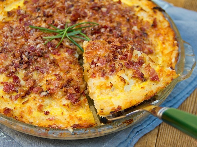 Cauliflower Gruyere Pie with Potato Crust and Bacon-Parmigiana Crumb Topping. 