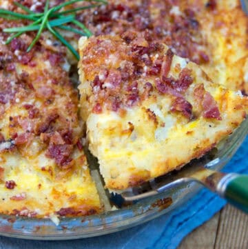 cauliflower pie topped with crumbled bacon.