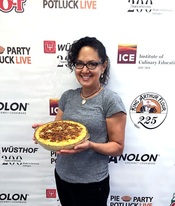 Lisa at Pie Party Potluck with her cauliflower gruyere pie