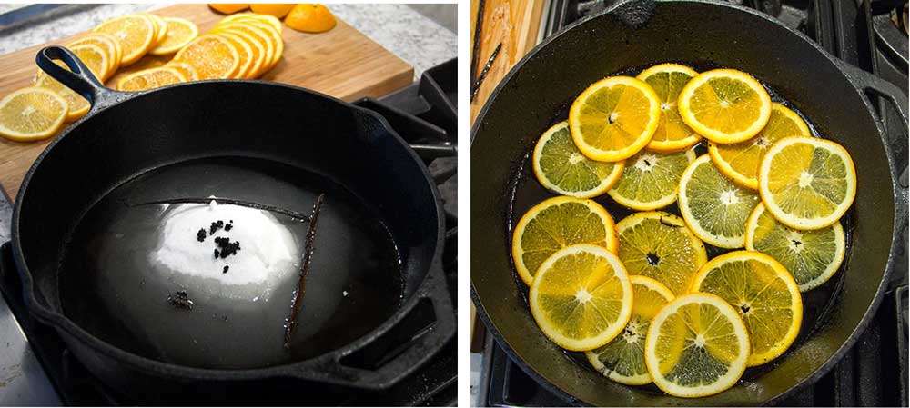 how-to melt sugar and vanilla beans in a cast iron skillet and add sliced oranges, to make vanilla orange upside down cake