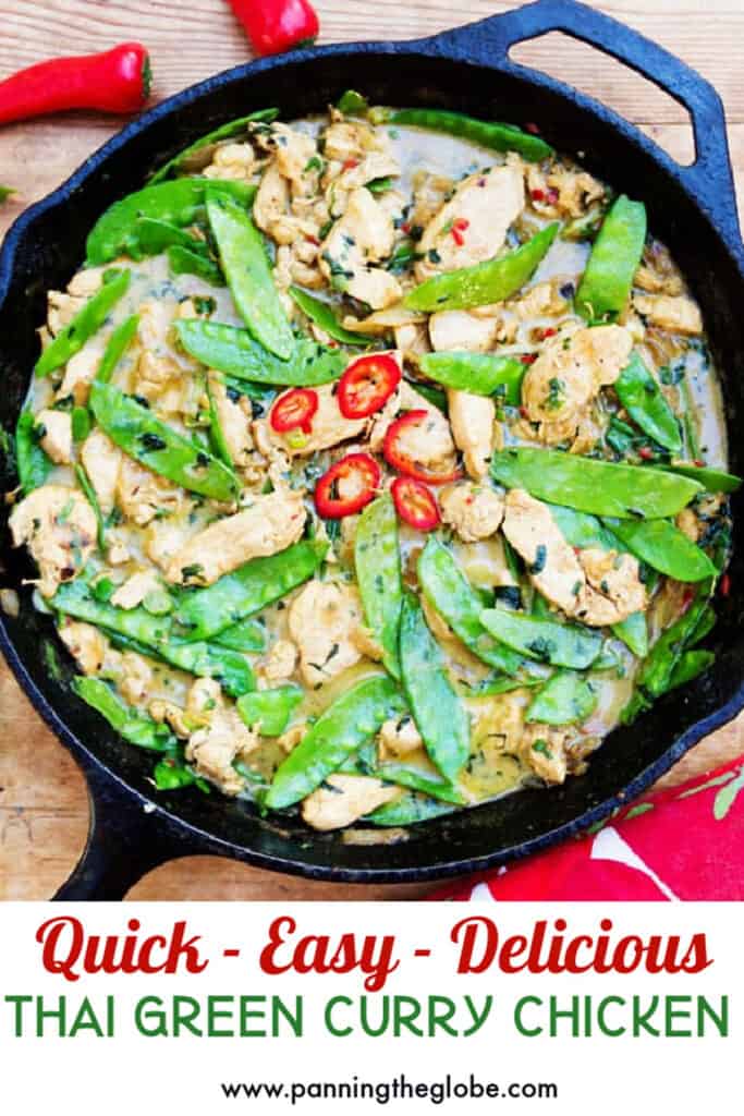 pinterest pin: thai green curry chicken in a cast iron skillet with sliced red peppers in the middle for garnish