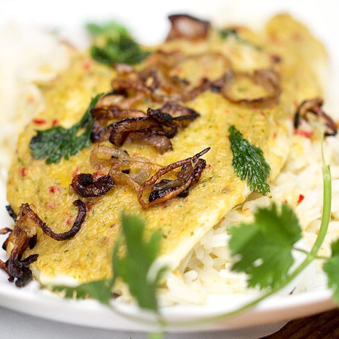 Thai Steamed Fish in Coconut Sauce with Fried Shallots and Cilantro • Panning The Globe