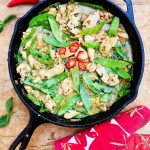 Fresh ginger, coconut milk and basil are the base of this fragrant Thai green curry chicken recipe. Fluffy white rice is all you need to complete the meal. Perfect for weeknights when you want something quick and delicious.