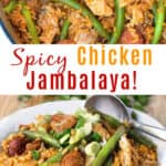 pinterest pin with a close up of chicken jambalaya with sausages and green beans