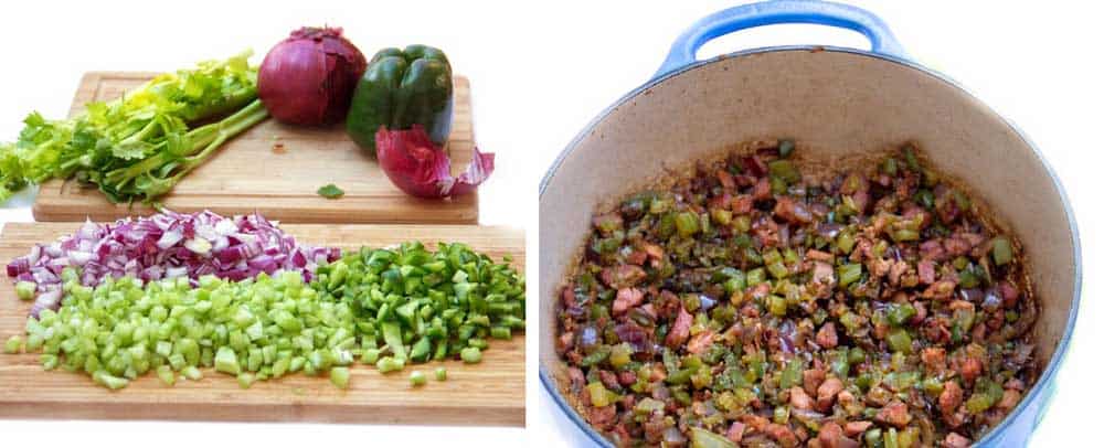 chopping board with chopped celery, onions and green peppers, then a shot of a pot filled with sautéed onions, celery and green peppers