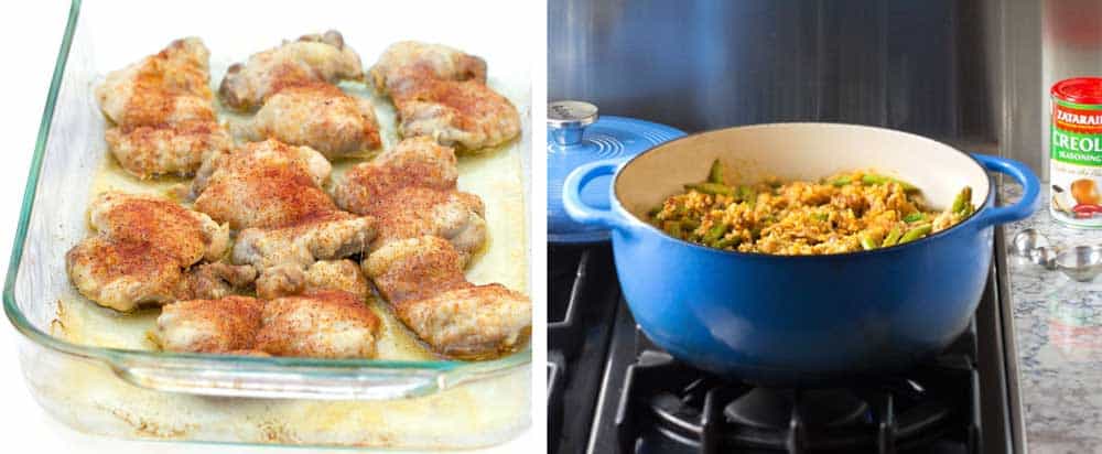 two process shots for how to make jambalaya: one showing roasted chicken thighs with creole spice sprinkled on top, another showing a blue Dutch oven filled with rice and chicken jambalaya