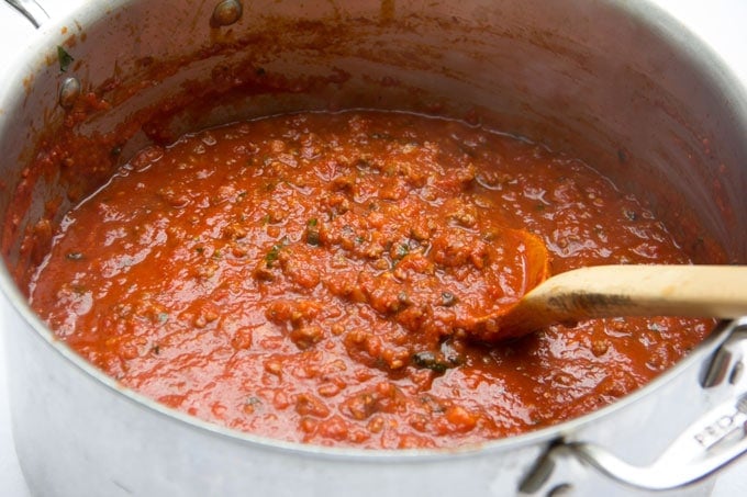 meat sauce for lasagna in a pot