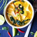 This creamy, fragrant, DELICIOUS Thai coconut curry chicken soup has spinach and rice noodles and everything you want for dinner, all in one pot!