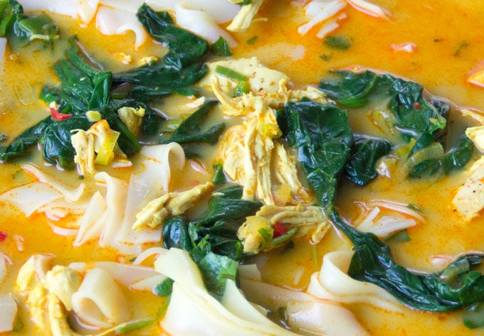 This creamy, fragrant Thai coconut curry chicken soup has spinach and rice noodles and everything you want for dinner, all in one pot! [gluten-free and dairy-free]