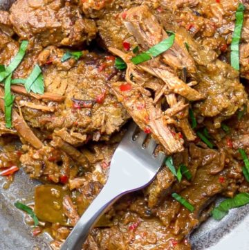 close up of shredded beef rendang brisket with a fork