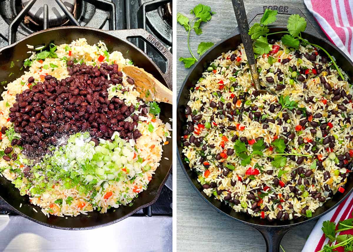 overhead shot of a cast iron skillet filled with sautéd aromatics and white rice, with black beans, scallions and spices added on top; a second photo showing all the ingredients mixed together in the skillet