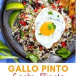 Pinterest pin: gray plate topped with rice and beans flecked with bits of red pepper and cilantro and topped with a fried egg