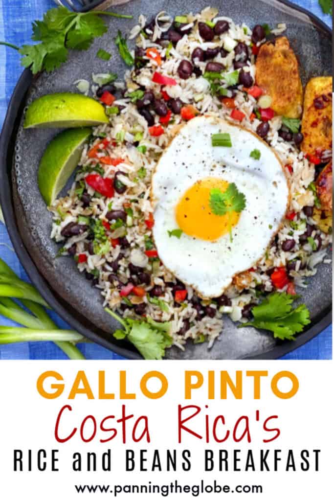 Pinterest pin: gray plate topped with rice and beans flecked with bits of red pepper and cilantro and topped with a fried egg