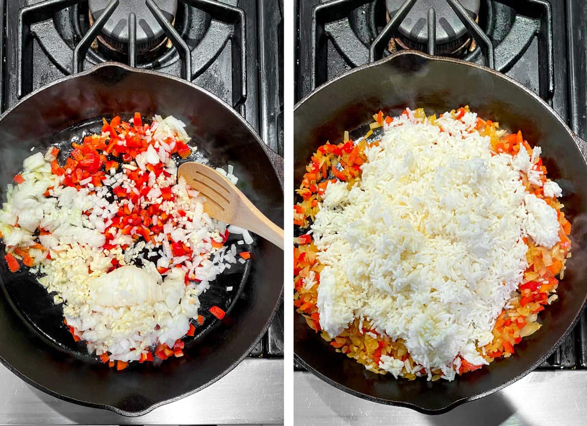 overhead shot of a cast iron skillet, sautéing onions, peppers and garlic and then a shot of cooked white rice added on top of the sautéed veggies