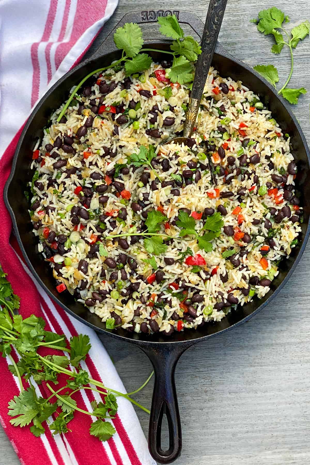 overhead closeup of a cast iron skillet filled with gallo pinto: a rice and beans mixture with bits of chopped red bell pepper, scallions and cilantro