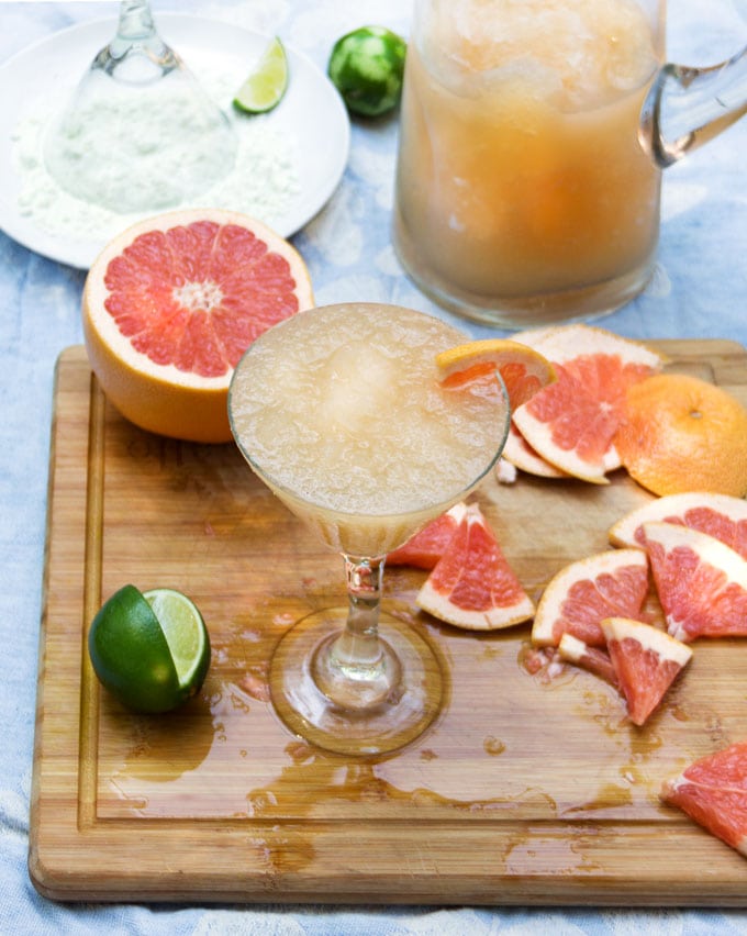 Frozen Grapefruit Margaritas with Salt Sugar Lime Rims