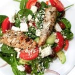Greek spinach salad topped with lemon garlic marinated grilled turkey tips and cubes of salty feta is a fabulous, healthy weeknight dinner recipe.