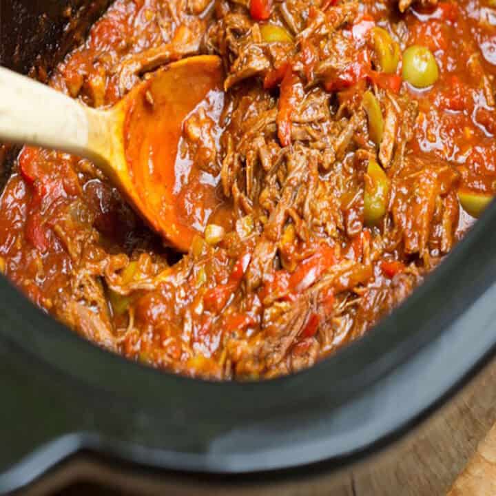 ropa vieja aka Cuban shredded beef with peppers, in the slow cooker