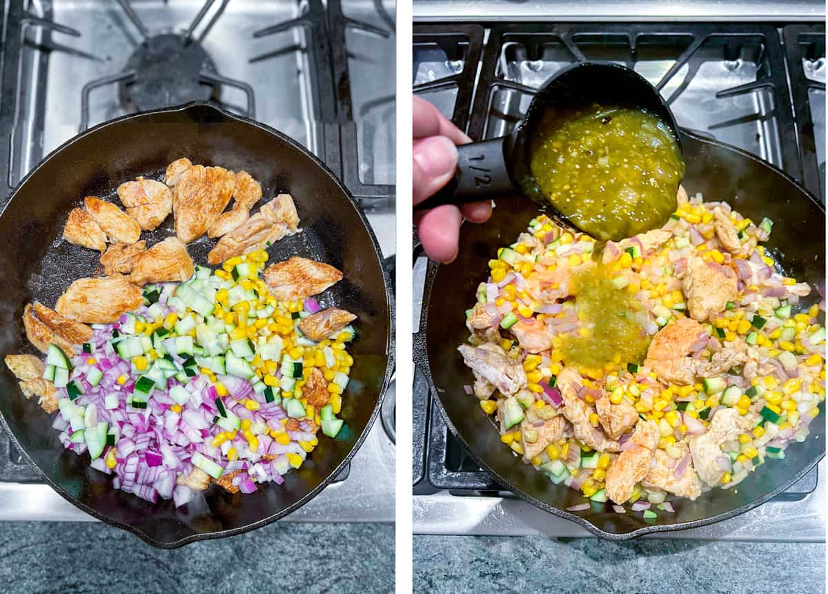 two overhead shots of a cast iron skillet, the first has sauteed chicken with veggies added, the next has the cooked chicken and veggies with green salsa verde being poured in from a small black cup