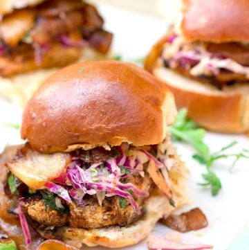 Grilled Chicken Sliders with BBQ Caramelized Onions and Chipotle Coleslaw