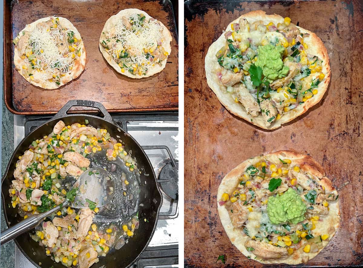 two overhead shots, first a skillet filled with sauteed chicken, corn and zucchini, some of it mounted onto two flour tortillas, the second shows two chicken tostadas on a baking sheet, fully cooked and topped with avocado salsa