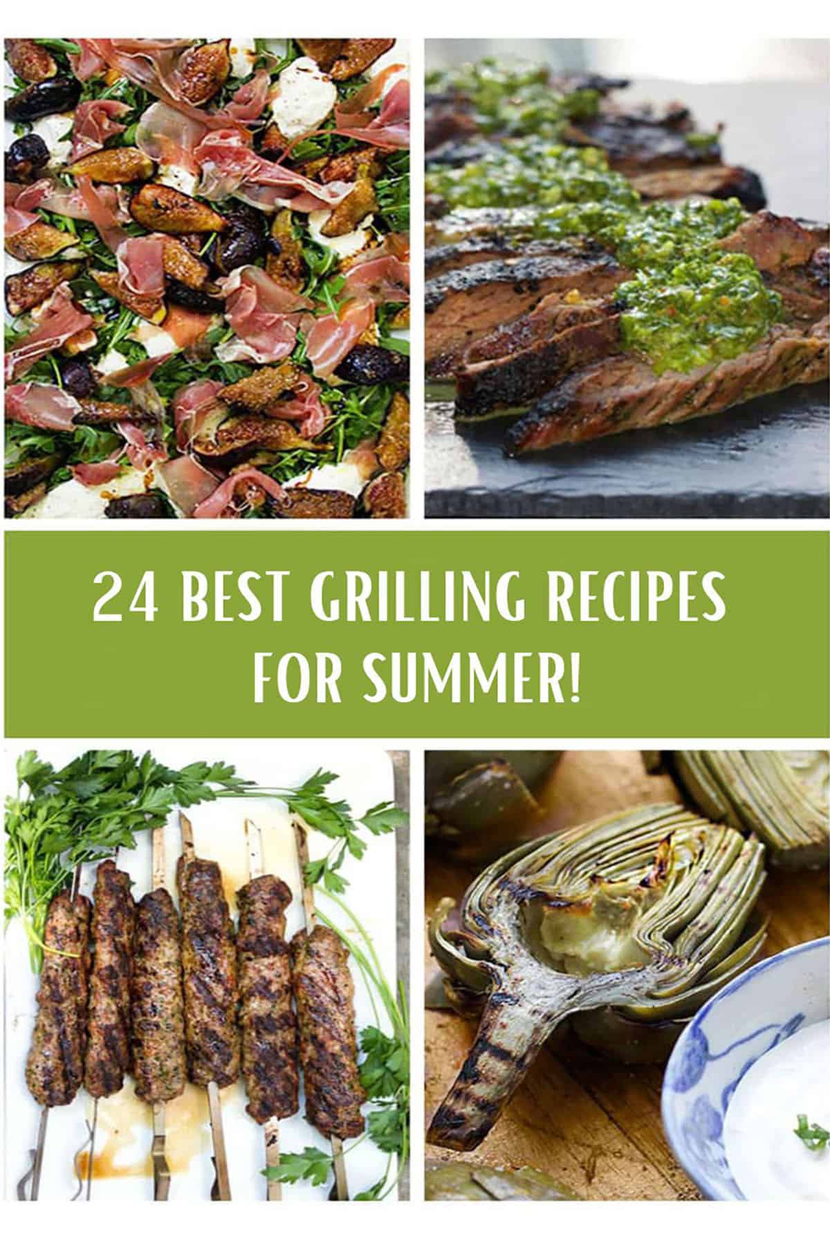 Montage of 4 images: grilled skirt steak with chimichurri sauce, grilled artichokes. grilled lamb kofta and grilled figs and prosciutto on a platter.