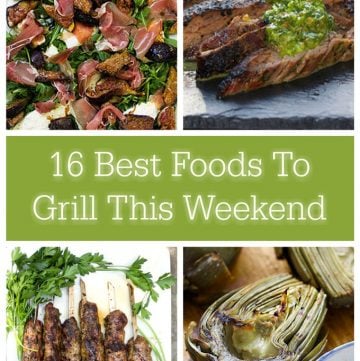 collage photo of 4 grilling recipes: artichokes, kofta kebabs, skirt steak and figs with prosciutto