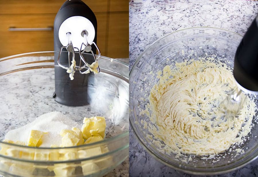 butter and sugar are beaten in a glass bowl with an electric hand mixer