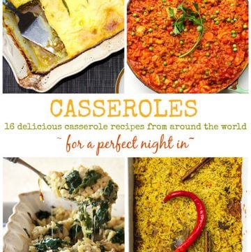 a grid with four casseroles: South African boboti, german spaetzle, Indian Biryani and Jollof rice from Ghana