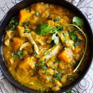 bowl of butternut squash and lentil stew with chicken, topped with chopped cilantro.