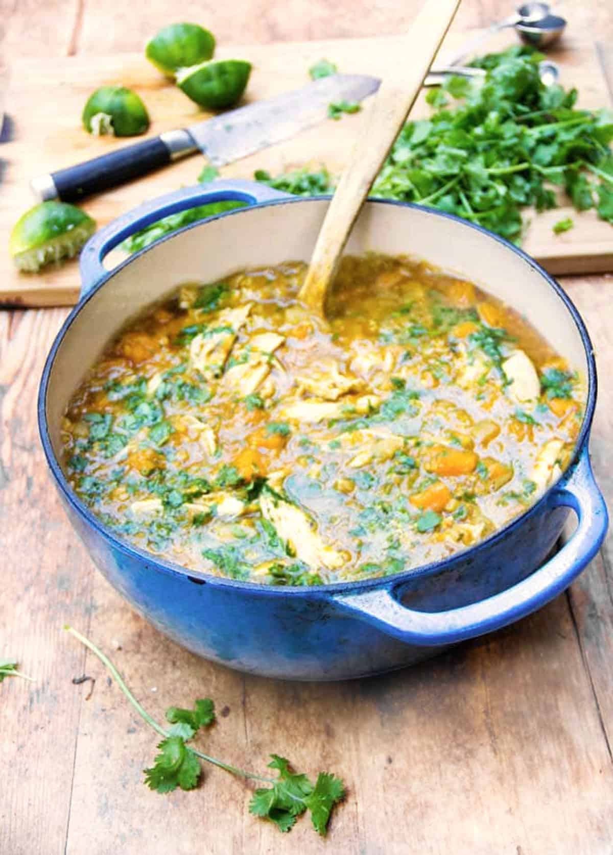Dutch oven filled with curried squash and lentil stew with chicken, topped with chopped cilantro.