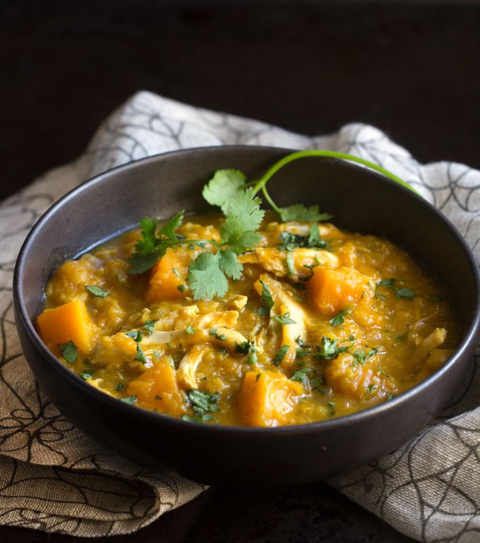 This curried butternut squash, lentil, and chicken stew is a warm and comforting one-pot dinner. Plus it's dairy-free, gluten-free and totally delicious!