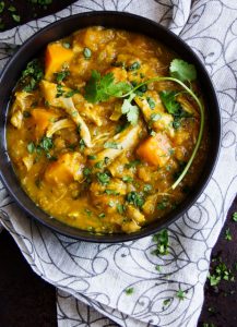 Here's an easy recipe for Curried Butternut Squash, Lentil and Chicken Stew. It's a warm and comforting one-pot dinner that's dairy-free, gluten-free, low-fat and delicious!