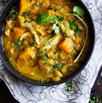 Here's an easy recipe for Curried Butternut Squash, Lentil and Chicken Stew. It's a warm and comforting one-pot dinner that's dairy-free, gluten-free, low-fat and delicious!