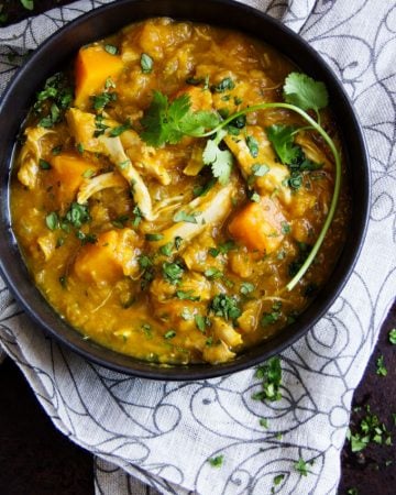 Here's an easy recipe for Curried Butternut Squash, Lentil and Chicken Stew. It's a warm and comforting one-pot dinner that's dairy-free, gluten-free, low-fat and delicious!