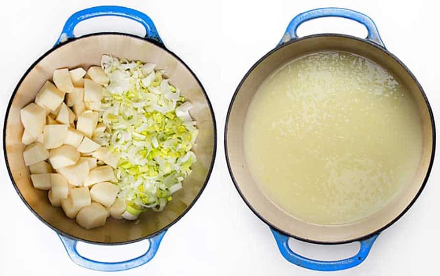 two shots of a blue Dutch oven shown from above, one is filled with cubed potatoes on the left and chopped leeks on the right. the other show pureed potato leek soup