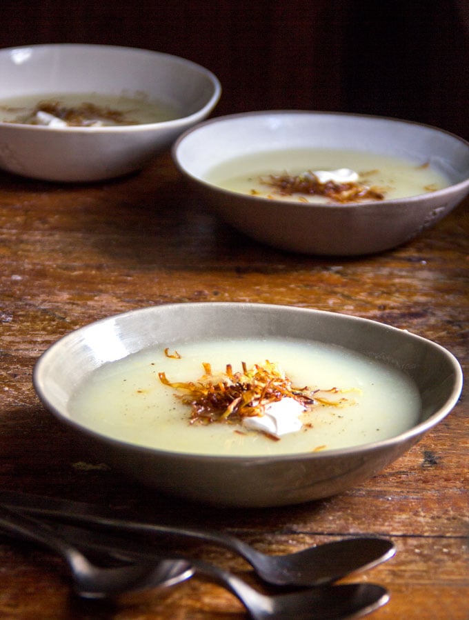 2-ingredient Potato Leek Soup with sour cream and frizzled leeks. So easy to make, and delicious enough for any occasion.