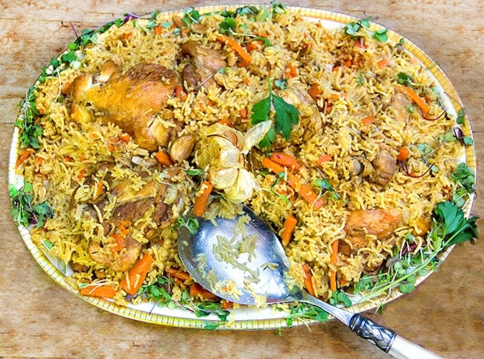 Plov: a delicious chicken and rice casserole with herbs and carrots from Uzbekistan