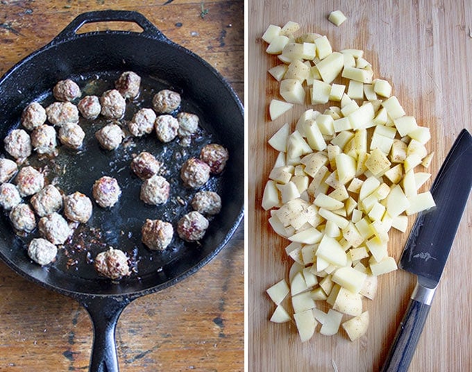 one image of a cast iron skillet with meatballs and one image of diced potatoes on a cutting board with a knife