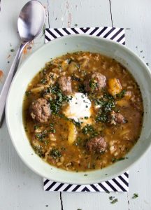 This hearty and delicious meatball soup is thickened with brown rice and flavored with sweet tangy apricots, shallots, and fragrant herbs. The topping of creamy yogurt and freshly chopped mint and tarragon, takes it from delicious to divine!