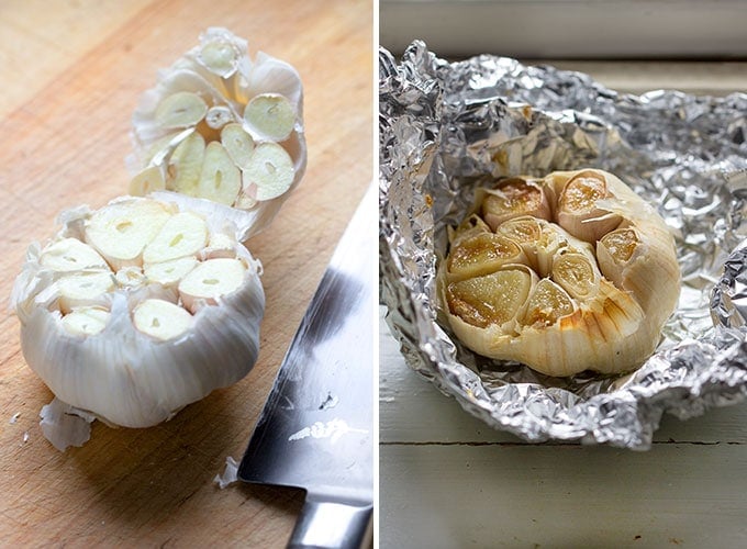 A head of garlic with the tip cut off, shown before and after roasting