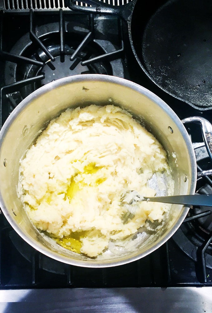 looking down into a pot of mashed potatoes