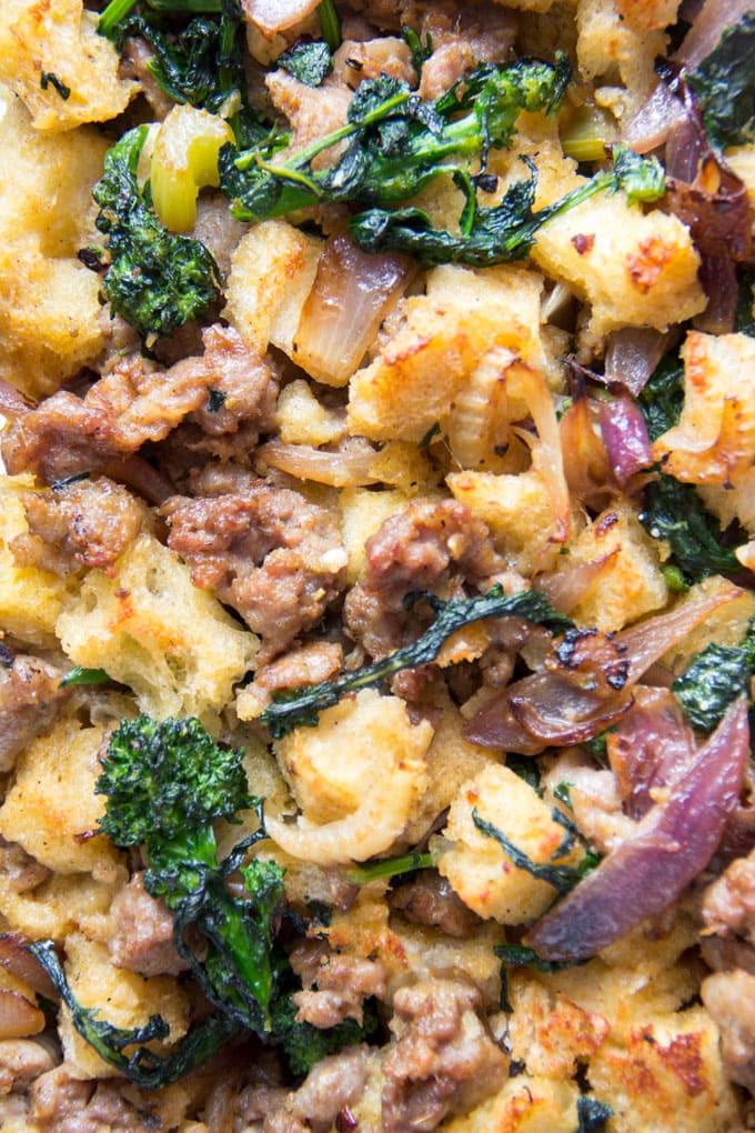 Italian sausage stuffing with broccoli rabe and parmesan, onions, garlic and a zing of hot paprika, (yummm!) Perfect for Thanksgiving I Panning The Globe