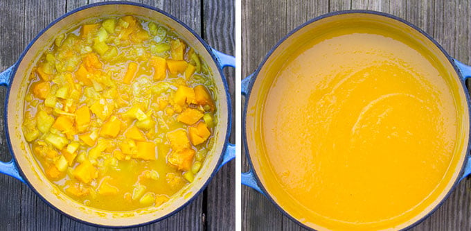 two images side by side. On the left an overhead view of a dutch oven with chunky butternut squash soup. On the right the soup is pureed.