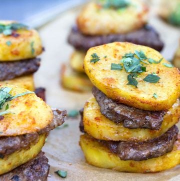 Here's an elegant way to serve meat and potatoes: Steak and Potato Stacks. Salt and pepper-crusted beef tenderloin layered with slices of spicy roasted potatoes. These stacks make a great party appetizer. They look irresistible and they taste as good as they look!