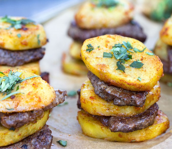 Here's an elegant way to serve meat and potatoes: Steak and Potato Stacks. Salt and pepper-crusted beef tenderloin layered with slices of spicy roasted potatoes. These stacks make a great party appetizer. They look irresistible and they taste as good as they look!