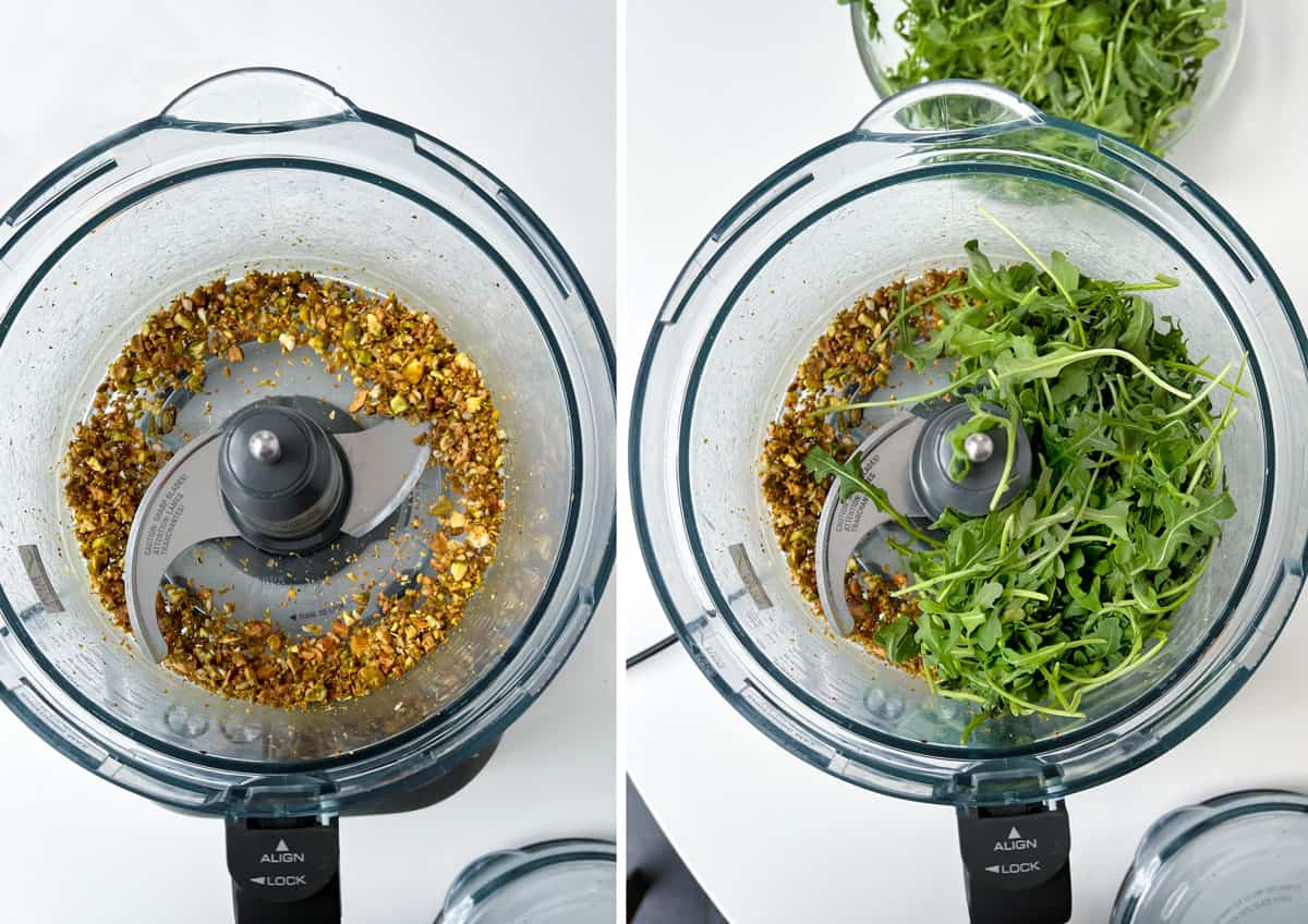 two overhead side by side images of a food processor bowl - one with chopped toasted pistachios, the next with arugula added 